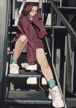 1girl absurdres brown_hair elden_ring full_body green_socks highres hood hoodie indoors legs long_sleeves melina_(elden_ring) miao_jiangyou red_hoodie shoes short_hair sitting sitting_on_stairs sleeves_past_fingers sleeves_past_wrists sneakers socks solo stairs streetwear white_shoes