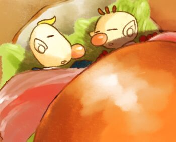 2boys absurdres big_nose blonde_hair blue_gloves brown_hair burger closed_eyes commentary_request food gloves highres iat-418 in_food lettuce louie_(pikmin) lying male_focus mini_person miniboy multiple_boys nintendo no_headwear olimar on_back on_side open_mouth pikmin_(series) pointy_ears red_gloves short_hair sleeping spacesuit tomato tomato_slice upper_body very_short_hair