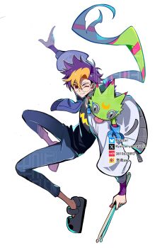 1boy animal animal_on_shoulder black_shirt blonde_hair blue_hair blue_pants digimon digimon_(creature) digimon_beatbreak drumsticks full_body gecko gekkomon glasses highres holding holding_drumsticks jacket male_focus multicolored_hair one_eye_closed pants red_eyes round_eyewear shirt short_hair smile tenma_tomoro tongue tongue_out two-tone_hair white_jacket youzaiyouzai112