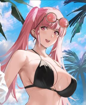 1girl bare_shoulders bikini breasts cleavage cloud fire_emblem fire_emblem:_three_houses fire_emblem_heroes hilda_valentine_goneril hilda_valentine_goneril_(summer) j@ck large_breasts nintendo outdoors palm_tree pink_eyes pink_hair sky solo sunglasses sunglasses_on_head swimsuit tree twintails