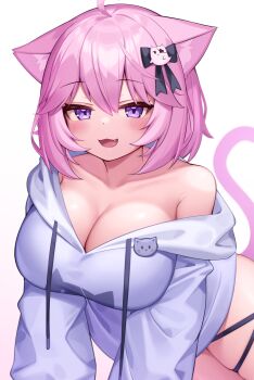 1girl :3 :d ahoge animal_ears black_bow blush bow breasts cat_ears cat_girl cat_hair_ornament cat_tail cleavage commentary deaver ghost_hair_ornament hair_between_eyes hair_bow hair_ornament highres hood hood_down hoodie large_breasts long_sleeves looking_at_viewer nyatasha_nyanners off_shoulder open_mouth pink_hair purple_eyes purple_hoodie short_hair simple_background smile solo tail virtual_youtuber vshojo white_background