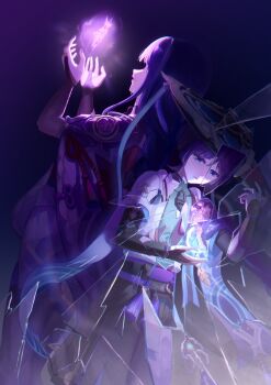 1boy 1girl absurdres armor blue_eyes blue_hair blunt_bangs braid bridal_gauntlets chinese_commentary crying faceless faceless_female fan8115933 floating from_side genshin_impact glowing gnosis_(genshin_impact) hair_between_eyes hands_up hat highres japanese_clothes kimono leaning_back leaning_forward long_braid long_hair looking_down mitsudomoe_(shape) mother_and_son multicolored_hair open_mouth portal_(object) purple_background purple_kimono raiden_shogun sad scaramouche_(genshin_impact) short_hair short_sleeves shoulder_armor single_braid standing streaked_hair streaming_tears tears tomoe_(symbol) upper_body wanderer_(genshin_impact) wide_sleeves