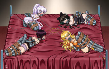 4girls angry animal_ears armbinder arms_behind_back bdsm bed black_hair blake_belladonna blonde_hair blue_eyes blush bondage bound bound_legs bound_together bound_wrists cat_ears cat_girl caught chain chain_leash chained choker collar cuffs cyber_red_axis_(artist) frustrated gag gag_harness gagged grey_eyes hair_ornament harness helpless highres hitachi_magic_wand hogtie keys kidnapped kneeling leash leather_belt legs_together long_hair lying mask metal_collar multiple_girls on_back on_bed panties ponytail purple_eyes restrained ruby_rose rwby sex_toy shackles slave sleepwear struggling tape tape_bondage thighhighs trembling underwear vibrator weiss_schnee white_eyes worried yang_xiao_long yellow_eyes