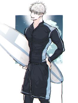 Rule 34 | 1boy, adam's apple, cloud, commentary request, drawstring, gojou satoru, hand on own hip, highres, holding, holding surfboard, jujutsu kaisen, male focus, male swimwear, nay bb, short hair, sky, solo, standing, surfboard, swim trunks, white background, white hair