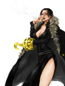 1girl amputee bad_id bad_pixiv_id belt black_hair breasts cigar cleavage coat crocodile_(one_piece) dress erichika female_focus fur_coat genderswap genderswap_(mtf) hook_hand large_breasts legs lipstick makeup one_piece scar side_slit smoking solo standing yellow_eyes