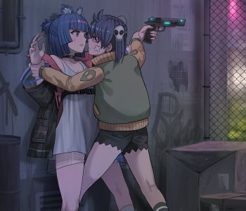 2girls against_wall alien_print alley animal_ears antenna_hair arms_up bandage_on_cheek bandage_on_face bandages bear_ears bear_girl belt black_belt black_choker black_coat black_shorts black_socks blue_hair blunt_bangs blunt_ends blunt_sidelocks borrowed_character box breasts brown_eyes buckle cardboard_box catfight chain-link_fence chest_belt choker cleavage closed_mouth coat collarbone collared_coat collared_jacket commentary confrontation curled_fingers dress earrings english_commentary eye_contact eyebrows_hidden_by_hair face-to-face feet_out_of_frame fence finger_on_trigger fingernails from_behind from_side frown furrowed_brow go!_go!_gris! grabbing_another's_arm graffiti green_jacket green_trim grimace gris_(go!_go!_gris!) gun hair_between_eyes hair_ornament half-closed_eyes half_updo handgun hands_up highres holding holding_another's_wrist holding_gun holding_weapon jacket jewelry ji-yoon_(jourd4n) jourd4n kneehighs knees leaning_back leaning_forward leaning_on_person leg_between_thighs legs_apart letterman_jacket light_blush long_sleeves looking_at_another medium_hair multicolored_jacket multiple_girls narrowed_eyes open_clothes open_coat open_hand original outdoors outstretched_arm parted_hair parted_lips patch pink_coat pink_eyes pinned pocket ponytail profile restrained see-through_clothes see-through_skirt see-through_sleeves short_dress short_hair short_ponytail short_shorts shorts shoulder_patch sidelocks sideways_mouth single_off_shoulder skirt skull_hair_ornament sleeveless sleeveless_dress small_breasts snap-fit_buckle socks standing sweatdrop teeth thighs torn_clothes torn_shorts twintails two-sided_coat two-sided_fabric two-tone_jacket underbust v-shaped_eyebrows weapon white_dress white_socks wide_sleeves yellow_jacket yellow_sleeves yellow_trim yuri