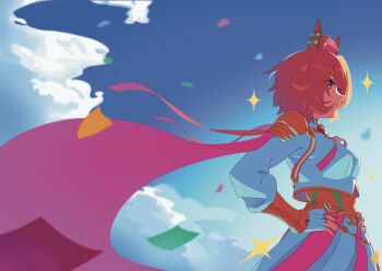 1girl absurdres animal_ears armor blue_sky breasts cape closed_mouth cloud crown fingerless_gloves gloves gold_corset hair_between_eyes highres horse_ears horse_girl jewelry long_sleeves mini_crown multiple_rings orange_hair pink_cape pink_crown purple_eyes ring shirt short_hair shoulder_armor skirt sky smile solo sparkle szar0918 t.m._opera_o_(o_sole_suo!)_(umamusume) t.m._opera_o_(umamusume) two-tone_skirt umamusume white_gloves white_shirt