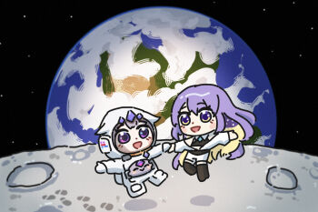 1other 2girls :d bing_huyue black_shoes blush_stickers chibi commentary crater dancing earth_(planet) english_commentary floating footprints gem gem_hair_ornament hair_flaps highres holding_hands hololive hololive_english hololive_indonesia koseki_bijou long_hair moon moona_hoshinova moona_hoshinova_(1st_costume) multiple_girls open_mouth pebble_(koseki_bijou) planet purple_eyes purple_gemstone purple_hair shoes smile space spacesuit spacewalk star_(sky) virtual_youtuber