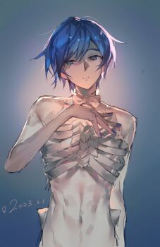 1boy 2023 backlighting blue_eyes blue_hair blue_nails bone bow bowtie chinese_commentary commentary_request crop_top dated gradient_background hair_between_eyes hand_on_own_chest highres kaito_(vocaloid) kazemi_arashi looking_at_viewer looking_down male_focus midriff navel no_pants open_mouth short_hair simple_background skeleton_print vocaloid white_bow white_bowtie