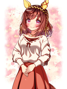 1girl animal_ears blush braid breasts brown_hair buena_vista_(casual)_(umamusume) buena_vista_(umamusume) casual checkered_hairband closed_mouth collarbone ear_covers hair_between_eyes hair_ornament hairband highres horse_ears horse_girl horse_tail jewelry long_sleeves looking_at_viewer medium_breasts medium_hair necklace purple_eyes red_skirt skirt smile solo sugimotty_nova sweater tail umamusume white_sweater