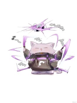 Rule 34 | 1girl, :3, animal, animalization, black hoodie, blush, cat, closed eyes, clothed animal, commentary request, eighth note, food, food print, full body, glowstick, highres, holding, holding glowstick, hololive, hood, hoodie, ikayaki (ikayaki4), musical note, nekomata okayu, no humans, onigiri, onigiri print, open mouth, print hoodie, simple background, solo, standing, virtual youtuber, white background