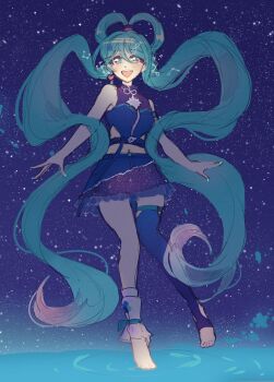 1girl barefoot blue_eyes character_request copyright_request feet fingernails hatsune_miku highres hikusa magical_mirai_(vocaloid) magical_mirai_miku magical_mirai_miku_(2025) navel open_mouth skirt sky star_(sky) starry_sky twintails water