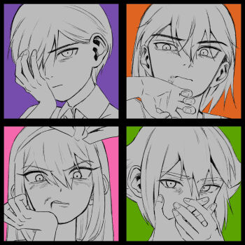 1girl 3boys aubrey_(faraway)_(omori) aubrey_(omori) basil_(faraway)_(omori) basil_(omori) blood blood_on_face closed_mouth commentary_request covering_own_mouth expressionless hair_behind_ear hair_over_one_eye hairband highres kel_(faraway)_(omori) kel_(omori) long_hair looking_at_viewer msdnno_kabe multiple_boys omori parted_lips partially_colored short_hair sunny_(omori) teeth