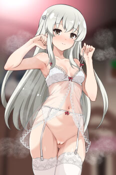 Rule 34 | 1girl, assault lily, babydoll, bar censor, bare arms, bare shoulders, blurry, blurry background, blush, bottomless, bow, breasts, brown hair, censored, closed mouth, collarbone, commentary request, cowboy shot, egawa kusumi, flower, garter belt, gluteal fold, grey hair, groin, hair flower, hair ornament, hands up, indoors, lingerie, long hair, looking at viewer, mak066, navel, nose blush, pussy, red bow, see-through babydoll, see-through clothes, sidelocks, small breasts, smile, solo, standing, steaming body, stomach, strap lift, sweat, thigh gap, thighhighs, underwear, very long hair, white babydoll, white flower, white paint, white thighhighs