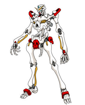 alternate_form aqua_eyes full_body g_gundam gundam highres joints ledjoker07 mecha mobile_suit no_humans no_pupils robot robot_joints science_fiction simple_background skull skull_gundam spine standing tail teeth thrusters toes v-fin white_background