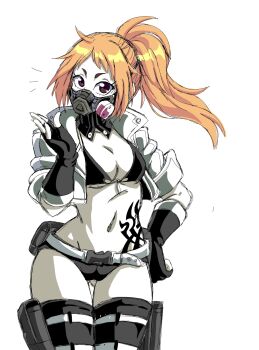 1girl bike_shorts breasts brown_eyes coat code_vein elbow_gloves full-body_tattoo gas_mask gloves gluteal_fold green_coat highres lewdamone looking_at_viewer mask masked mouth_mask navel orange_hair ponytail respirator rin_murasame simple_background solo standing tattoo tribal_tattoo white_background