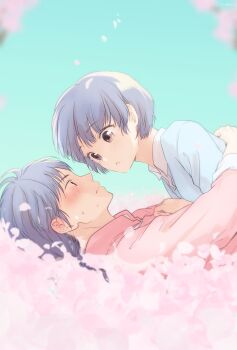 1boy 1girl :o aqua_background blue_hair blue_shirt blush braid brown_eyes closed_mouth coa_(momo) eye_contact hetero highres hug looking_at_another open_mouth pale_skin parted_lips pink_petals ranma_1/2 red_shirt saotome_ranma shirt single_braid tendou_akane