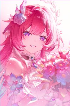 1girl absurdres bouquet commentary cyrene_(honkai:_star_rail) cyrene_(ripples_of_past_reverie)_(honkai:_star_rail) detached_sleeves dress english_commentary flower hair_flower hair_ornament highres holding holding_bouquet honkai:_star_rail honkai_(series) isobe47 long_hair pink_hair pointy_ears purple_eyes short_sleeves smile solo symbol-shaped_pupils upper_body white_dress