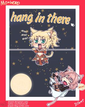 Rule 34 | 1boy, 1girl, absurdres, animal ear fluff, animal ears, artist name, astolfo (fate), bandeau, blonde hair, boots, bow, braid, cape, cat boy, cat ears, cat girl, cat tail, chibi, closed mouth, colored skin, dclaret, deviantart username, english text, falling, fang, fate/apocrypha, fate (series), green eyes, hair bow, hair intakes, hang in there (meme), highres, meme, meowing, moon, mordred (fate), mordred (fate/apocrypha), navel, open mouth, pink hair, ponytail, poster (medium), red bandeau, red skin, single braid, skin fang, spoken sweatdrop, star (symbol), sweatdrop, tail, tumblr username, twitter username, white boots, white cape