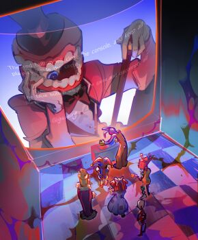 1other 3boys 3girls absurdres animal_ears asymmetrical_footwear black_hat blue_dress blue_shoes bow bowtie caine_(the_amazing_digital_circus) cane chess_piece commentary dress english_commentary english_text fur-trimmed_robe fur_trim gabe_(gabeirg) gangle_(the_amazing_digital_circus) gloves hair_bow hand_on_own_chin hat highres holding holding_cane horns jacket jax_(the_amazing_digital_circus) jester_cap jester_costume king_(chess) kinger_(the_amazing_digital_circus) multiple_boys multiple_girls overalls patchwork_clothes pomni_(the_amazing_digital_circus) purple_bow purple_fur purple_robe rabbit_boy rabbit_ears rabbit_tail ragatha_(the_amazing_digital_circus) red_bow red_bowtie red_hair red_jacket red_ribbon red_shoes ribbon robe shirt shoes spoilers stuffed_toy suit_jacket tail teeth the_amazing_digital_circus top_hat white_gloves white_mask white_shirt yellow_overalls zooble_(the_amazing_digital_circus)