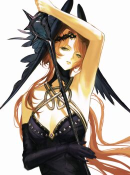 1girl absurdres arm_up armpits bare_shoulders breasts cane cleavage crown_of_thorns dress druvis_iii druvis_iii_(shrouded_in_thorns) elbow_gloves feathered_wings gloves green_eyes halter_dress halterneck highres holding holding_cane long_hair looking_at_viewer medium_breasts official_alternate_costume orange_hair parted_lips purple_dress purple_wings reverse:1999 single_bare_arm single_elbow_glove sleeveless sleeveless_dress solo upper_body very_long_hair white_background wings xiao_xiazi