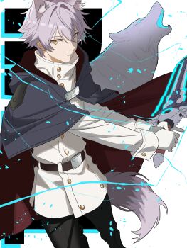 1boy animal_ear_fluff animal_ears belt belt_buckle buckle cape gloves hair_between_eyes hair_intakes highres holding holding_weapon hood jacket looking_at_viewer original shibito_(shibito0000) short_hair simple_background sword tail teeth weapon white_background white_hair wolf wolf_boy wolf_ears wolf_tail yellow_eyes