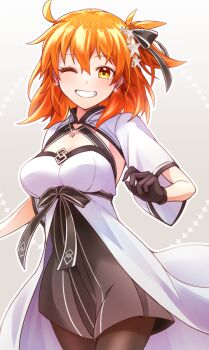0nodera 1girl black_bow black_dress black_gloves black_pantyhose black_ribbon bow breasts cleavage commentary_request cowboy_shot dress fate/grand_order fate_(series) fujimaru_ritsuka_(female) fujimaru_ritsuka_(female)_(fgo_fes._2025) gloves grin hair_bow hair_ornament long_hair looking_at_viewer medium_breasts one_eye_closed orange_hair pantyhose rei_no_himo ribbon shrug_(clothing) smile solo standing star_(symbol) star_hair_ornament two-tone_dress white_dress white_trim yellow_eyes