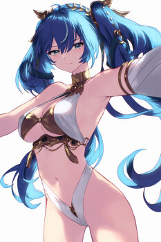 1girl adapted_costume ahoge bare_shoulders blue_eyes breasts cait_aron cleavage closed_mouth commentary_request gold_bra hair_between_eyes iuno_(wuthering_waves) laurel_crown long_hair looking_at_viewer medium_breasts multicolored_hair navel simple_background smile solo stomach streaked_hair thighs twintails white_background wuthering_waves