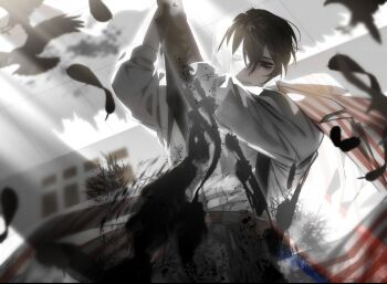 1boy artist_request belt bird black_eyes black_hair cowboy_shot crow crow&#039;s_eye_view_(e.g.o) dagger e.g.o_(project_moon) falling_feathers feathers from_below holding holding_dagger holding_knife holding_weapon imminent_attack knife light_rays limbus_company looking_at_viewer male_focus official_alternate_costume one_eye_closed paint_splatter pants pov project_moon shirt shirt_tucked_in short_hair sidelighting sleeves_rolled_up solo striped_cape weapon white_shirt yi_sang_(project_moon)