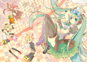 1boy 3girls :d alice_(alice_in_wonderland) alice's_adventures_in_wonderland animal_ears ankle_garter aqua_eyes aqua_hair blonde_hair bottle bow boya card crown cup dress floating_card frills hair_bow hair_ornament hair_ribbon hairclip hatsune_miku headphones kagamine_len kagamine_rin legs long_hair mad_hatter_(alice_in_wonderland) megurine_luka monocle multiple_girls open_mouth queen_of_hearts_(alice_in_wonderland) rabbit_ears ribbon scythe shoes smile tea thighhighs twintails vocaloid watch white_rabbit_(alice_in_wonderland) wristwatch