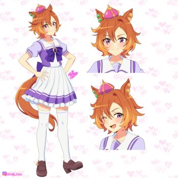 Rule 34 | 1girl, animal ears, blush, bow, bowtie, breasts, closed mouth, collarbone, crown, ear ornament, hair between eyes, highres, horse ears, horse girl, horse tail, looking at viewer, meiji (kurumierika), mini crown, multiple expressions, one eye closed, open mouth, orange hair, orange tail, pink crown, pleated skirt, puffy short sleeves, puffy sleeves, purple bow, purple bowtie, purple eyes, purple shirt, sailor collar, sailor shirt, school uniform, shirt, shoes, short hair, short sleeves, skirt, smile, t.m. opera o (umamusume), tail, thighhighs, tracen school uniform, umamusume, white sailor collar, white skirt, white thighhighs