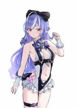 1girl absurdres black_bow bow braid breasts closed_mouth clothing_cutout frilled_one-piece_swimsuit frills grey_hair hair_bow heart heart_o-ring highres long_hair looking_at_viewer medium_breasts mmsk multicolored_hair nail_polish navel o-ring o-ring_thigh_strap one-piece_swimsuit pointy_ears purple_hair purple_nails red_eyes solo stomach_cutout streaked_hair swimsuit thigh_strap very_long_hair vivian_banshee vivian_banshee_(iris_of_the_shore) white_background white_one-piece_swimsuit zenless_zone_zero