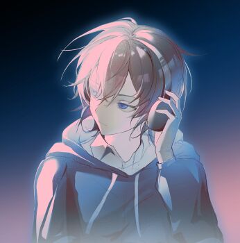 1boy black_hoodie blue_eyes brown_hair camille407 chinese_commentary closed_mouth collared_shirt commentary_request drawstring expressionless gradient_background hair_between_eyes hand_on_headphones headphones highres hood hood_down hoodie jidong_zhanshi_keven long_sleeves looking_to_the_side male_focus real_life red_lightning shirt solo upper_body variant_set white_shirt