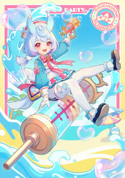 Rule 34 | 1girl, :d, absurdres, animal ears, aqua bow, beach umbrella, blue hair, blue sky, bow, bubble, dafu zhentan, english text, full body, genshin impact, gloves, gun, hat, heart, heart bubbles, highres, holding, holding syringe, long sleeves, looking at viewer, nurse cap, ocean, open mouth, oversized object, palm tree, pink bow, puffy sleeves, red eyes, shoes, shorts, sigewinne (genshin impact), sitting, sky, smile, solo, symbol-shaped pupils, syringe, tail, thighhighs, tree, umbrella, water, waves, weapon, white gloves, white thighhighs