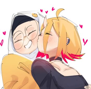 Rule 34 | 2girls, alv4febrian, ayuu (alv4febrian), black-framed eyewear, black choker, black shirt, blonde hair, blush, choker, colored tips, glasses, heart, highres, hijab, horns, kiss, kissing cheek, multicolored hair, multiple girls, onie (alv4febrian), original, red hair, round eyewear, shirt, simple background, single horn, skin-covered horns, sweater, two-tone hair, upper body, white background, white hijab, yellow sweater