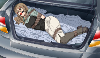 1girl abduction absurdres arms_behind_back ball_gag bdsm blush bondage bound breasts brown_hair car car_trunk feet female_focus from_above full_body gag gagged glasses hair_between_eyes high_heels highres kidnapped large_breasts legs legs_together light_blush long_hair lost_one_zero lycoris_recoil lying motor_vehicle nakahara_mizuki on_side pantyhose red-framed_eyewear restrained rope skirt solo thighs yellow_eyes