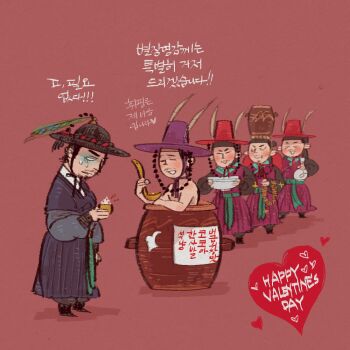 bath_water_(meme) bathing bearrat black_hair closed_eyes disenchantment disgust heart korean_clothes korean_commentary korean_text meme multiple_boys open_mouth parody purple_headwear queue red_headwear scene_reference shadow standing the_kingdom_of_the_gods valentine