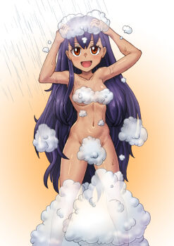 1girl :d arms_up breasts brown_eyes collarbone commentary_request completely_nude convenient_censoring els_(ljhlee12) eyelashes foam hair_down happy highres iris_(pokemon) korean_commentary legs_apart long_hair looking_at_viewer navel nintendo nude open_mouth pokemon pokemon_bw purple_hair showering smile soap_bubbles soap_censor solo standing tongue washing_hair