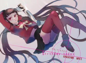 Rule 34 | 1girl, absurdly long hair, black sailor collar, black skirt, blunt bangs, boots, bow, bowtie, brooch, brown boots, brown hair, character name, commentary request, confused, crosshair, danganronpa (series), danganronpa v3: killing harmony, dated, delidelidelic, eyelashes, floating, floating hair, flower brooch, foot out of frame, glint, grey background, hair ornament, hair scrunchie, hairclip, happy birthday, harukawa maki, holding, holding knife, jewelry, knife, light particles, light rays, long hair, long sleeves, looking at viewer, low twintails, midriff, miniskirt, no panties, parted lips, pleated skirt, polka dot, polka dot bow, polka dot bowtie, red eyes, red scrunchie, red shirt, red thighhighs, sailor collar, school uniform, scrunchie, serafuku, shirt, skirt, sleeve cuffs, solo, space print, starry sky print, thighhighs, three-quarter sleeves, twintails, two-sided fabric, two-sided shirt, two-sided skirt, unmoving pattern, very long hair, white bow, white bowtie