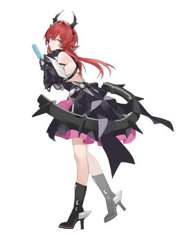 Rule 34 | 1girl, absurdres, arknights, arknights: endfield, bare shoulders, black dress, black gloves, black horns, boots, colored petticoat, commentary request, demon girl, demon horns, detached sleeves, dress, food, full body, gloves, hair between eyes, hair intakes, high heel boots, high heels, highres, holding, holding food, holding popsicle, horns, laevatain (arknights), long hair, looking at viewer, petticoat, popsicle, prtsss, purple eyes, red hair, sideless dress, simple background, solo, surtr (arknights), tachi-e, white background