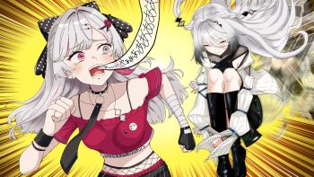 2girls ahoge bandaged_arm bandages blanka boots bow choker closed_eyes commentary_request fleeing gameplay_mechanics gloves grey_hair hair_bow hair_ornament hairclip heterochromia highres ishigami_nozomi ishigami_nozomi_(1st_costume) keikesu knees_to_chest long_hair long_sleeves mole mole_under_each_eye mole_under_eye mole_under_mouth multicolored_hair multiple_girls multiple_moles nijisanji rolling single_glove sophia_valentine sophia_valentine_(1st_costume) spiked_choker spikes streaked_hair street_fighter virtual_youtuber