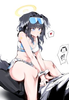 1boy 1girl ? absurdres animal_ears doodle_sensei_(blue_archive) black_hair blue_archive blue_eyes breasts cleavage commentary dog_ears eyewear_on_head halo heart heart-shaped_pupils hetero hibiki_(blue_archive) hibiki_(cheer_squad)_(blue_archive) highres long_hair medium_breasts midriff millennium_cheerleader_outfit_(blue_archive) pleated_skirt plentyofempty ponytail sensei_(blue_archive) sitting sitting_on_person skirt spoken_heart spoken_question_mark symbol-only_commentary symbol-shaped_pupils thighs white_skirt