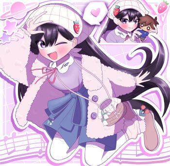 1girl :3 amatomato_0141 arm_up bag blue_shorts blush boots brown_boots character_doll closed_mouth commentary_request doll double-parted_bangs hair_between_eyes handbag headscarf heart hero_(faraway)_(omori) hero_(omori) highres holding holding_stuffed_toy jacket long_hair long_sleeves looking_at_viewer mari_(birthday)_(omori) mari_(faraway)_(omori) mari_(omori) musical_note musical_staff official_alternate_costume omori one_eye_closed open_clothes open_jacket shorts smile solo speech_bubble spoken_heart stuffed_animal stuffed_toy thighhighs v white_headscarf white_jacket white_thighhighs