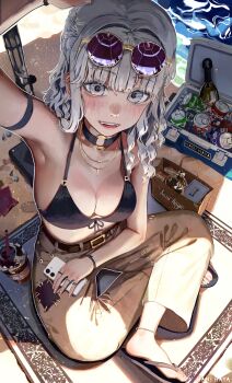 1girl absurdres anklet arm_up armlet armpit_crease armpits artist_name beach_towel belt bikini black_bikini blush breasts brown_belt can cellphone choker collarbone commentary_request cooler drink_can eyewear_on_head feet flip-flops from_above front-tie_bikini_top front-tie_top gold_necklace grey_eyes grey_hair grey_pants hair_intakes hani_haya highres holding holding_phone indian_style jewelry long_hair looking_at_viewer medium_breasts navel necklace o-ring o-ring_choker original pants parted_lips phone purple-tinted_eyewear ring sandals sitting smartphone solo sunglasses swimsuit tinted_eyewear toenails toes towel