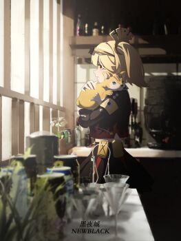 1girl absurdres animal animalization black_jacket black_skirt blonde_hair blurry blurry_foreground bottle burnice_white can cat closed_mouth commentary_request cup drinking_glass eyewear_on_head from_side highres holding holding_animal holding_cat indoors jacket orange_cat plant pulchra_fellini red_eyes shelf short_twintails skirt solo spiked_jacket standing sunglasses twintails twthxqw zenless_zone_zero