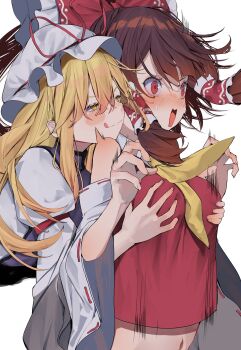 2girls :o :q ascot blonde_hair blush bow brown_hair commentary frilled_bow frilled_hair_tubes frills grabbing_another&#039;s_breast groping hair_bow hair_tubes hakurei_reimu hat hat_ribbon highres kararage_tsune long_hair long_sleeves mob_cap multiple_girls navel open_mouth purple_tabard red_bow red_eyes red_ribbon red_shirt ribbon ribbon-trimmed_sleeves ribbon_trim shirt simple_background sleeveless sleeveless_shirt surprised tabard tongue tongue_out touhou white_background white_hat white_sleeves wide_sleeves yakumo_yukari yellow_ascot yellow_eyes yuri