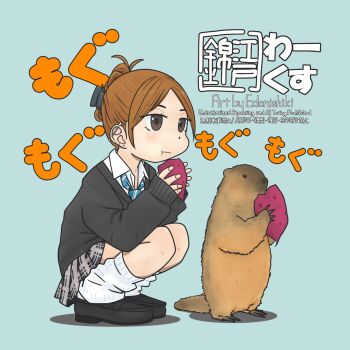 Rule 34 | 1girl, aqua background, barbell piercing, black sweater, brown eyes, brown hair, closed mouth, collared shirt, commentary, commentary request, drop shadow, ear piercing, eating, edo nishiki, expressionless, food, full body, hair up, highres, holding, holding food, industrial piercing, legs together, loafers, loose socks, marmot, necktie, original, parted bangs, piercing, plaid clothes, plaid skirt, pleated skirt, roasted sweet potato, shirt, shoes, signature, skirt, sleeves past wrists, socks, solo, sound effects, squatting, striped necktie, stud piercings, sweater, sweet potato, translated, watermark, white shirt