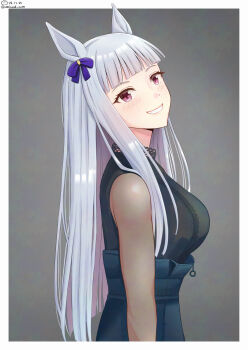1girl animal_ears blunt_bangs bow bright_pupils commentary_request cosplay dated ear_bow gold_ship_(umamusume) grey_background grey_hair head_tilt highres horse_ears horse_girl long_hair looking_at_viewer purple_eyes real_life role_reversal sailor_collar shiromaru_(maniado) sideways_glance simple_background smile twitter_username ueda_hitomi ueda_hitomi_(cosplay) umamusume very_long_hair voice_actor_connection