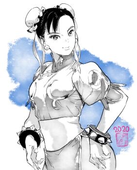 1girl 2020 ahn_dongshik ass birthday blue_background bracelet bun_cover capcom china_dress chinese_clothes chun-li commentary_request double_bun dress earrings eyelashes fingernails from_side greyscale_with_colored_background hair_bun hair_ribbon hand_on_own_hip hatching_(texture) head_tilt highres initial jewelry light_smile linear_hatching long_fingernails looking_at_viewer looking_to_the_side mandarin_collar pankou pantyhose pelvic_curtain puffy_short_sleeves puffy_sleeves ribbon seal_impression shanghai_neckline short_hair short_sleeves simple_background solo spiked_bracelet spikes street_fighter street_fighter_ii_(series) thighs two-tone_background upper_body waistband white_background