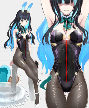 1girl animal_ears armpits arms_up bare_shoulders black_hair black_leotard blue_hair bow bowtie breasts brown_pantyhose burleciel colored_inner_hair detached_collar eyeliner fake_animal_ears fate/grand_order fate_(series) grey_eyes grin high_heels highleg highleg_leotard highres leotard long_hair looking_at_viewer makeup multicolored_hair multiple_views open_mouth pantyhose playboy_bunny rabbit_ears sidelocks sitting small_breasts smile stool tenochtitlan_(fate) tenochtitlan_(swimsuit_mooncancer)_(fate) tenochtitlan_(swimsuit_mooncancer)_(third_ascension)_(fate) thighs watermark